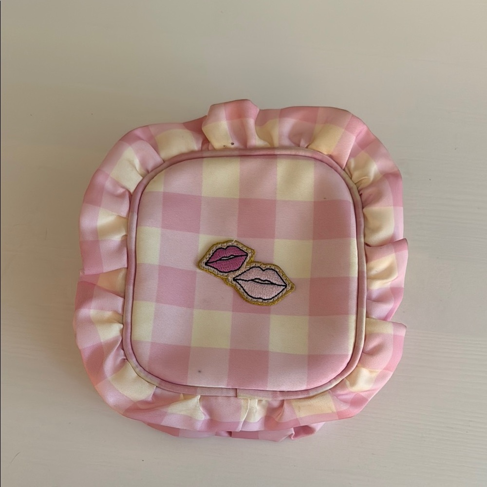 Pink and Cream Checkered Cosmetic Bag